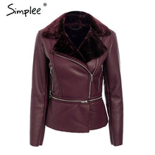 Load image into Gallery viewer, Simplee Plus size PU female jacket leather women Zipper pocket thick 2018 fur winter coat Ladies faux leather outwear streetwear