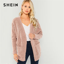 Load image into Gallery viewer, SHEIN Pink Patch Pocket Open-Front Teddy Coat Plain Long Sleeve Outerwear 2018 Modern Lady Winter Faux Fur Coat Women Coats
