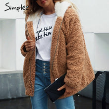Load image into Gallery viewer, Simplee Hooded teddy bear faux fur coat women Autumn winter warm soft thick fur jacket Female plush cotton plus size outwear