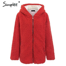 Load image into Gallery viewer, Simplee Hooded teddy bear faux fur coat women Autumn winter warm soft thick fur jacket Female plush cotton plus size outwear