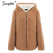 Load image into Gallery viewer, Simplee Hooded teddy bear faux fur coat women Autumn winter warm soft thick fur jacket Female plush cotton plus size outwear