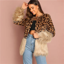 Load image into Gallery viewer, Sheinside Contrast Faux Fur Coat Leopard Print Winter Jacket Women 2018 Long Sleeve Outerwear Casual Womens Coats And Jackets