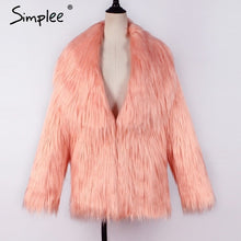 Load image into Gallery viewer, Simplee Faux fur women winter coat 2018 plus size Furry collarless female fur jacket Christmas club party fluffy jacket overcoat