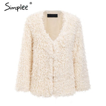 Load image into Gallery viewer, Simplee Elegant furry faux jacket coat women plus size Fluffy collarless fur 2018 winter jacket Christmas hairy party club coat