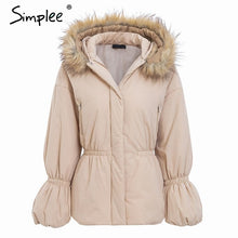 Load image into Gallery viewer, Simplee Elegant hooded jacket coat women winter Fur collar puff sleeve female jacket down Casual christmas thick fur parka wear