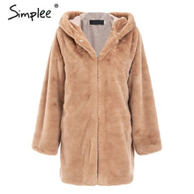 Load image into Gallery viewer, Simplee Elegant teddy bear furry women winter coat Faux Fur plush warm hair hooded fur coat Female shaggy plus size outwear coat