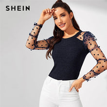 Load image into Gallery viewer, SHEIN Navy Contrast Frilled Dot Mesh Sleeve Ribbed Knit Tee Elegant Round Neck Slim Fit Pullover Autumn Casual Women Tshirt Top