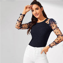 Load image into Gallery viewer, SHEIN Navy Contrast Frilled Dot Mesh Sleeve Ribbed Knit Tee Elegant Round Neck Slim Fit Pullover Autumn Casual Women Tshirt Top
