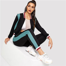 Load image into Gallery viewer, SHEIN Black Color Block O-Ring Zip Up Stand Collar Sweatshirt and Sweatpants Set Women Autumn Elegant Workwear Twopiece