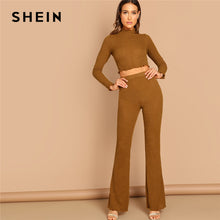 Load image into Gallery viewer, SHEIN Brown Mock-Neck Stand Collar Crop Fitted Tee &amp; Flare Hem Frill Plain Pants Set Women Autumn Elegant Workwear Twopiece