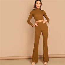 Load image into Gallery viewer, SHEIN Brown Mock-Neck Stand Collar Crop Fitted Tee &amp; Flare Hem Frill Plain Pants Set Women Autumn Elegant Workwear Twopiece
