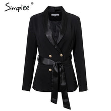 Load image into Gallery viewer, Simplee Elegant sash v neck blazer women 2018 Autumn winter double breasted silk suit outerwear coats Office lady lace up jacket