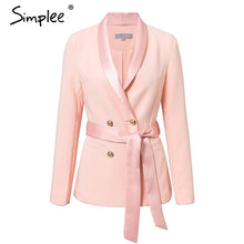 Load image into Gallery viewer, Simplee Elegant sash v neck blazer women 2018 Autumn winter double breasted silk suit outerwear coats Office lady lace up jacket