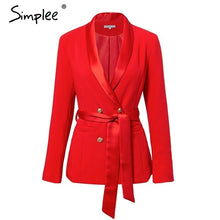 Load image into Gallery viewer, Simplee Elegant sash v neck blazer women 2018 Autumn winter double breasted silk suit outerwear coats Office lady lace up jacket