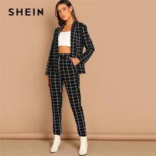 Load image into Gallery viewer, SHEIN Black Stretchy Grid Print Shawl Collar Plaid Long Sleeve Blazer &amp; Pants Set Women Autumn Workwear Morden Lady Twopiece