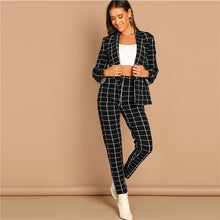 Load image into Gallery viewer, SHEIN Black Stretchy Grid Print Shawl Collar Plaid Long Sleeve Blazer &amp; Pants Set Women Autumn Workwear Morden Lady Twopiece