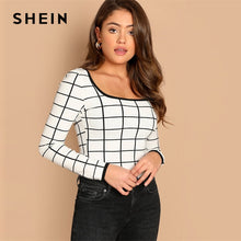 Load image into Gallery viewer, SHEIN White Contrast Binding Grid Scoop Neck Slim Fit Long Sleeve Tee 2019 Spring Casual Women Modern Lady Highstreet Tshirt Top