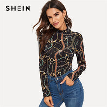 Load image into Gallery viewer, SHEIN Multicolor Stand Collar Chain Print Stretchy Slim Fit Tee 2019 Long Sleeve Autumn Casual High Street Women Tshirt Tops