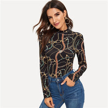 Load image into Gallery viewer, SHEIN Multicolor Stand Collar Chain Print Stretchy Slim Fit Tee 2019 Long Sleeve Autumn Casual High Street Women Tshirt Tops