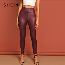 Load image into Gallery viewer, SHEIN Burgundy Exposed Zip Front High Waist Slim Fit Solid PU Leggings Women Spring Autumn Highstreet Casual Stretchy Leggings