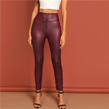 Load image into Gallery viewer, SHEIN Burgundy Exposed Zip Front High Waist Slim Fit Solid PU Leggings Women Spring Autumn Highstreet Casual Stretchy Leggings