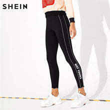 Load image into Gallery viewer, SHEIN Black Casual Solid Plain High Waist Crop Streetwear Leggings Autumn Leisure Modern  Lady Lettuce Trim Letter Women Legging