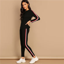 Load image into Gallery viewer, SHEIN Streetwear Black Striped Tape Tee &amp; Pants Long Sleeve Round Neck Set Women Two Pieces Sets 2019 Autumn Plain Twopiece