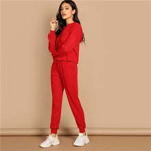 Load image into Gallery viewer, SHEIN Red Pocket Patched Solid Hoodie and Drawstring Waist Pants Plain Set Women Two Pieces Sets 2019 Autumn Plain Twopiece