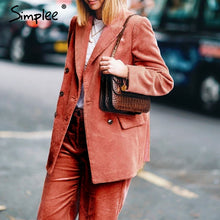Load image into Gallery viewer, Simplee Casual double breasted women blazer Turndown collar corduroy autumn ladies blazer Christmas office fashion solid coat