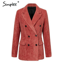 Load image into Gallery viewer, Simplee Casual double breasted women blazer Turndown collar corduroy autumn ladies blazer Christmas office fashion solid coat