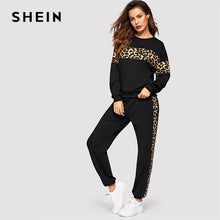 Load image into Gallery viewer, SHEIN Black Leopard Panel Pullover Women O-neck Athleisure Sweatshirt and Sweatpants Set Autumn Women Casual Two Piece Sets
