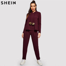 Load image into Gallery viewer, SHEIN Burgundy Solid Hoodie and Drawstring Pom Pom Waist Pants Plain Set Women Two Pieces Sets 2019 Autumn Plain Twopiece