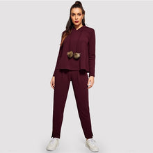 Load image into Gallery viewer, SHEIN Burgundy Solid Hoodie and Drawstring Pom Pom Waist Pants Plain Set Women Two Pieces Sets 2019 Autumn Plain Twopiece