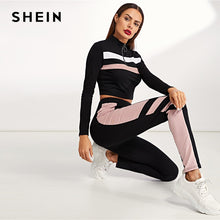 Load image into Gallery viewer, SHEIN Colorblock Black Zip Front Striped Slim Fit Sweatshirt and Pants Set Crop Top Autumn Casual Sporting Women Two Piece Sets