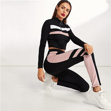 Load image into Gallery viewer, SHEIN Colorblock Black Zip Front Striped Slim Fit Sweatshirt and Pants Set Crop Top Autumn Casual Sporting Women Two Piece Sets