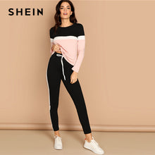 Load image into Gallery viewer, SHEIN Athleisure Color-Block Top and Drawstring Waist Side Panel Pants Women Two Piece Set Spring Sporting Casual Two Piece Sets