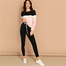 Load image into Gallery viewer, SHEIN Athleisure Color-Block Top and Drawstring Waist Side Panel Pants Women Two Piece Set Spring Sporting Casual Two Piece Sets