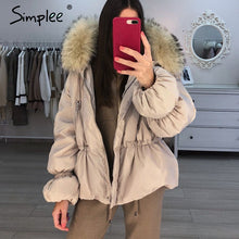 Load image into Gallery viewer, Simplee Elegant hooded jacket coat women winter Fur collar puff sleeve female jacket down Casual christmas thick fur parka wear