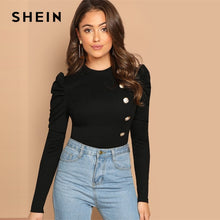 Load image into Gallery viewer, SHEIN Black Elegant Button Front Leg-of-mutton Sleeve Round Neck Slim Fit Tee 2018 Autumn Workwear Women Tops And T shirt
