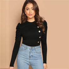 Load image into Gallery viewer, SHEIN Black Elegant Button Front Leg-of-mutton Sleeve Round Neck Slim Fit Tee 2018 Autumn Workwear Women Tops And T shirt