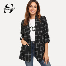 Load image into Gallery viewer, Sheinside Black Dual Pocket Classic Plaid Blazer Women 2019 Spring Casual Longline Open-breasted Blazers Minimalist Trim Blazers