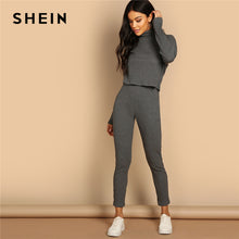 Load image into Gallery viewer, SHEIN Grey Turtleneck Rib-knit Drop Shoulder Crop Top and Leggings Two Piece Sets Women Spring Casual Streetwear Two Piece Set