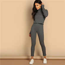 Load image into Gallery viewer, SHEIN Grey Turtleneck Rib-knit Drop Shoulder Crop Top and Leggings Two Piece Sets Women Spring Casual Streetwear Two Piece Set