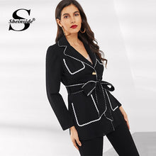 Load image into Gallery viewer, Sheinside Black Patchwork Notched Collar White Wave Tape Rimmed Blazer Women 2019 Spring Solid Single Breasted Trim Blazers