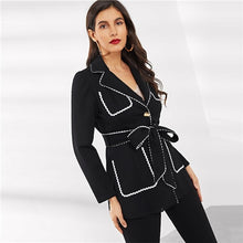 Load image into Gallery viewer, Sheinside Black Patchwork Notched Collar White Wave Tape Rimmed Blazer Women 2019 Spring Solid Single Breasted Trim Blazers