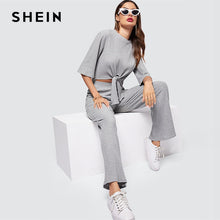 Load image into Gallery viewer, SHEIN Grey Knot Dip Hem Marled Knit Top And Pants Set Round Neck Long Sleeve Co-Ord Women Spring Elegant Workwear Twopiece