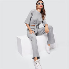 Load image into Gallery viewer, SHEIN Grey Knot Dip Hem Marled Knit Top And Pants Set Round Neck Long Sleeve Co-Ord Women Spring Elegant Workwear Twopiece