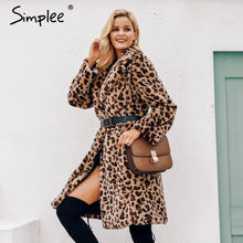 Load image into Gallery viewer, Simplee Luxury leopard faux fur women long coat Winter warm pocket artificial fur coat Elegant plush party oversize coat 2019