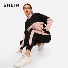 Load image into Gallery viewer, SHEIN Black Zip Front Stand Collar Two Tone Sweatshirt and Sweatpants Set Women Two Pieces Sets 2019 Autumn Plain Twopiece
