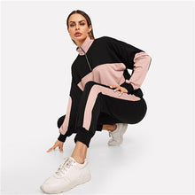 Load image into Gallery viewer, SHEIN Black Zip Front Stand Collar Two Tone Sweatshirt and Sweatpants Set Women Two Pieces Sets 2019 Autumn Plain Twopiece